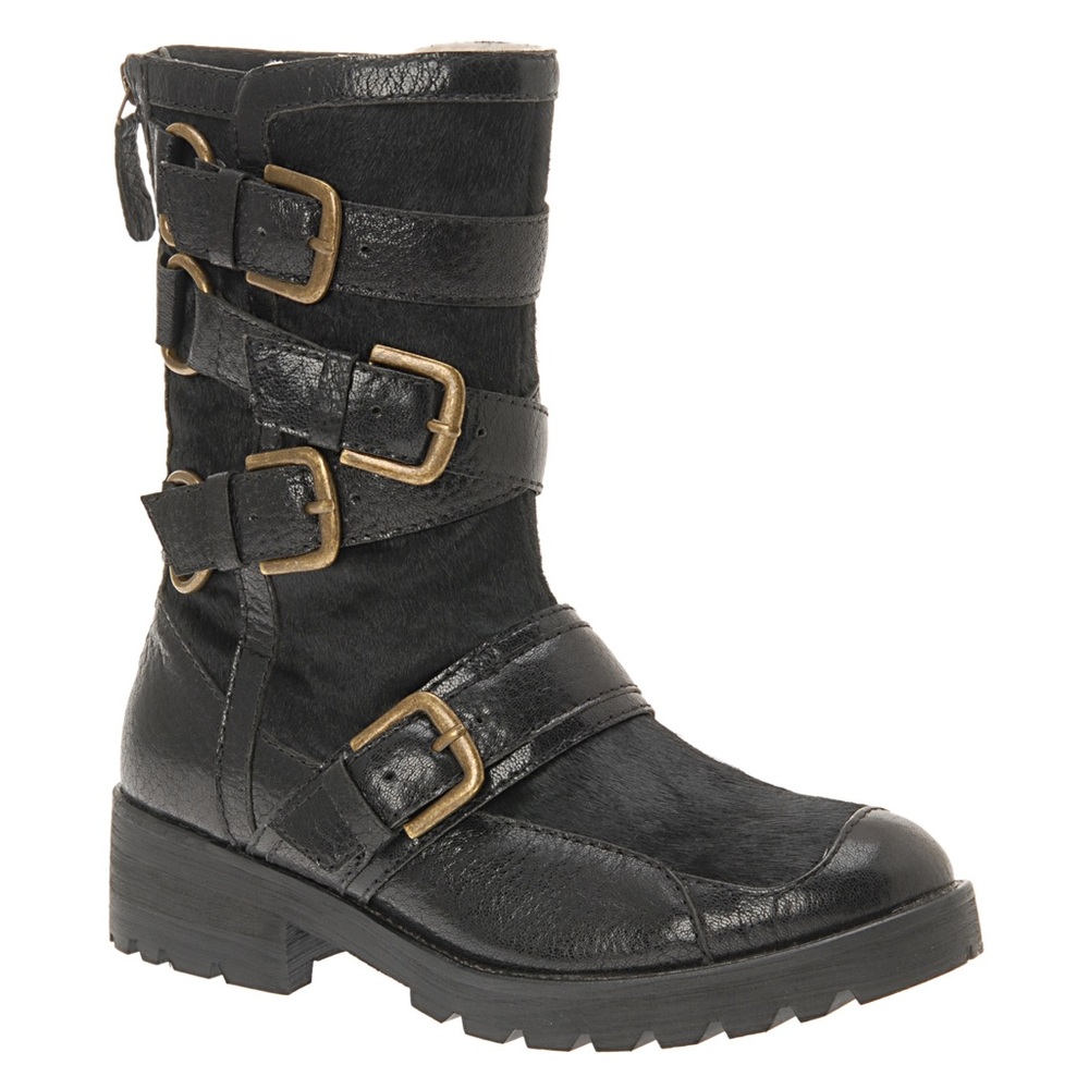 Aldo Black Leather Buckle Combat Boots